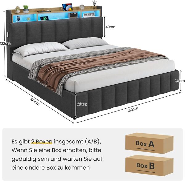 KIMENICH Lit Coffre 160 x 200 à LED, Lit Hydraulique avec Étagères Ouvertes et Rangement Caché en Tête de Lit Capitonné, lit 2 Personnes avec Lattes en Bois, Lits 160 x 200 avec Sommier en Lin Gris