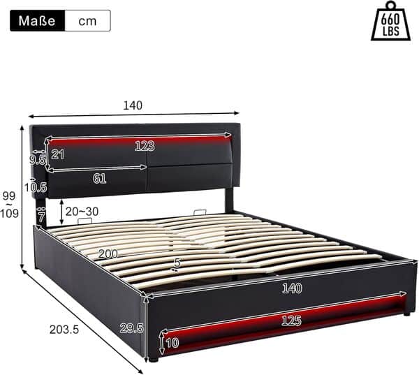 okwish Lit Coffre 140x200 cm - Lit Double Rembourré avec LED, USB et Chargeur sans Fil - Cadre avec Sommier à Lattes et Coffre de Rangement Hydraulique, Similicuir Noir, sans Matelas