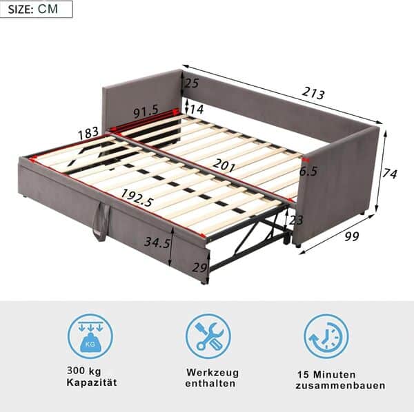 Xnferty Canapé lit 2 Places 90/180 x 200 cm, Canapé-lit Convertible rembourré avec sommier à Lattes, Canapé Convertible Extensible pour Salon (Gris, Velours)