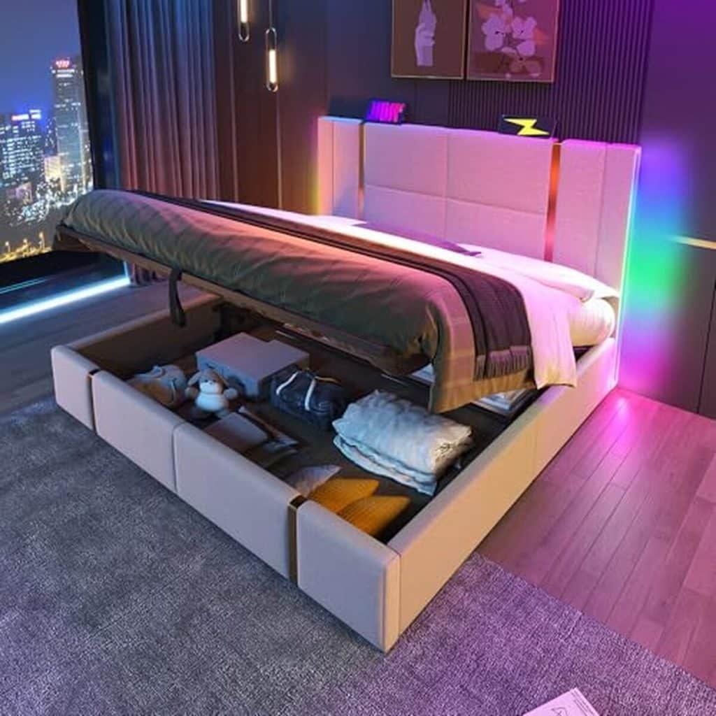 Test : lit 140x200 avec sommier LED et USB, modèle coffre beige