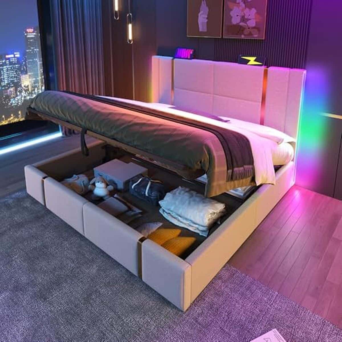 Test : lit 140x200 avec sommier LED et USB, modèle coffre beige