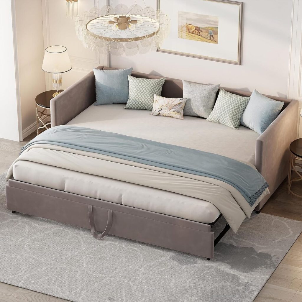 Test : xnferty canapé lit 2 places extensible en velours gris