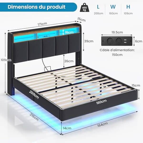 Découvrez notre test détaillé du lit Brinlawb 160x200 équipé d'un éclairage LED et de ports USB intégrés pour allier confort et modernité dans votre chambre.