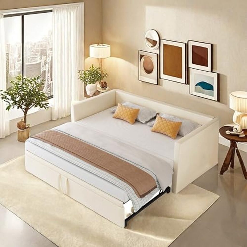 Test du canapé lit convertible 2 places en velours beige